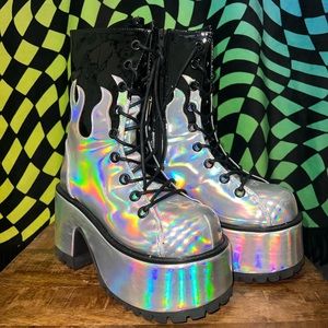 Demonia Let’s Stomp Hiker Boots - FLAME HOLOGRAPHIC - New